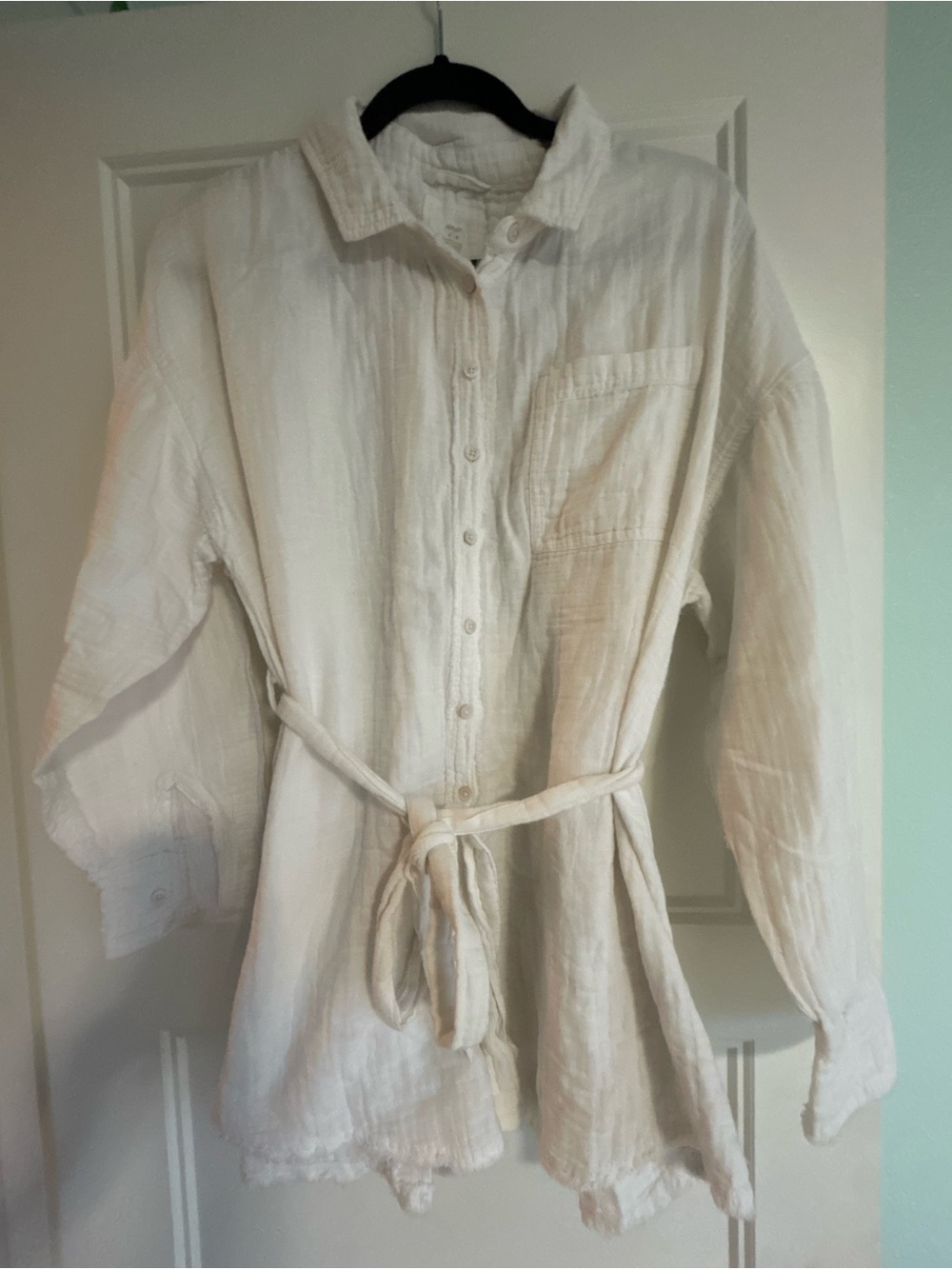 Aerie Double Gauze Cotton Tie Waist Long Sleeve Romper Medium White